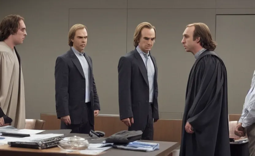 Image similar to anakin skywalker played by hayden christensen wearing jedi robes is talking to lawyers saul goodman played by bob odenkirk wearing a suit and kik wexler played by rhea seehorn in court, better call saul court scene 1 0 8 0 p, jimmy mcgill in court, court session images, realistic faces