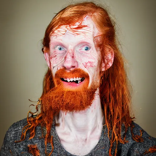 Image similar to photo of a skinny tall ginger men with rotten stained big yellow teeth, ugly appearance, acne and staining all over his face, 8 5 mm, f / 1. 3