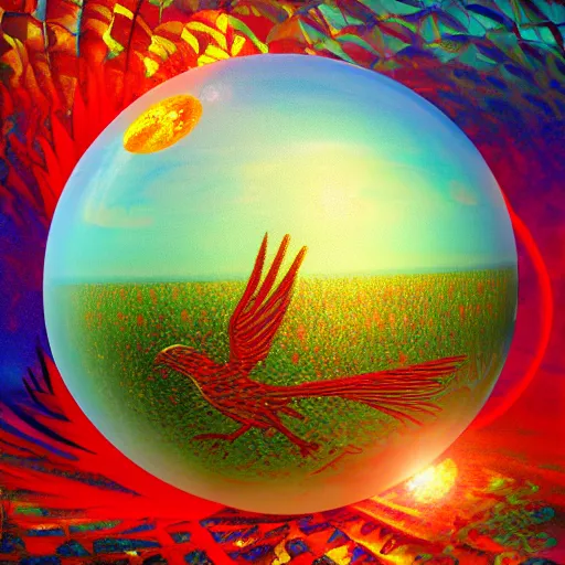 Image similar to the solarpunk phoenix, red bird, ornate egg, regeneration, landscape, epic composition, volumetric light, bokeh, inspired by monet and by alphonse mucha