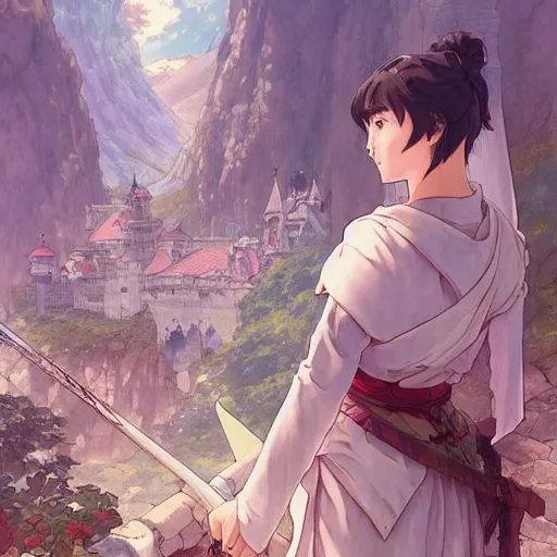 Image similar to the knight and the sword of rose petal, anime, castle core, mountains, rocky roads. by hayao miyazaki and rossdraws and artgerm and greg rutkowski and alphonse mucha and studio ghibli and ilya kuvshinov. high quality, stunning, intricate detailed environment. 8 k