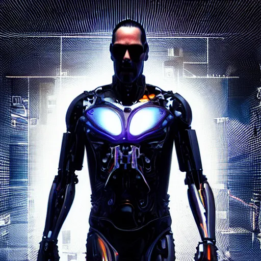 Image similar to keanu reeves cyborg highly detailed, 3d render, 8k, movie poster film called Hypercube , award winning