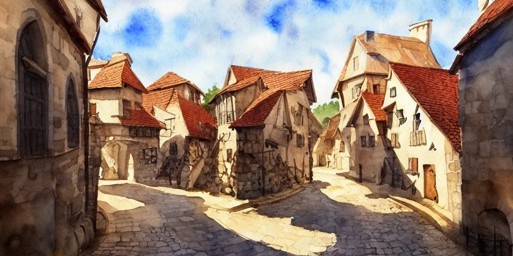 Prompt: medieval town, summer morning light, masterpiece watercolor painting, trending on artstation