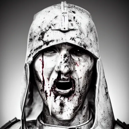 Prompt: headshot of a 5 0 year old soldier vertical grooves on the ridge of his nose, angular eyebrows, blood - spattered glossy sleek white dinged scuffed armor and a long torn red cape, heroic posture, battle - weary, strained expression, determined expression, no helmet, on the surface of mars, dramatic lighting, cinematic, sci - fi, hyperrealistic, detailed