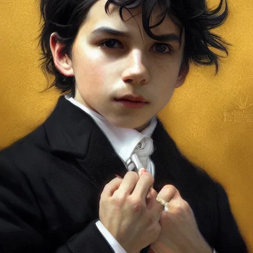 Prompt: portrait of a boy with goat horn, medium black hair, conductor, black suit, fantasy, intricate, elegant, highly detailed, digital painting, artstation, concept art, smooth, sharp focus, illustration, art by artgerm and greg rutkowski and alphonse mucha