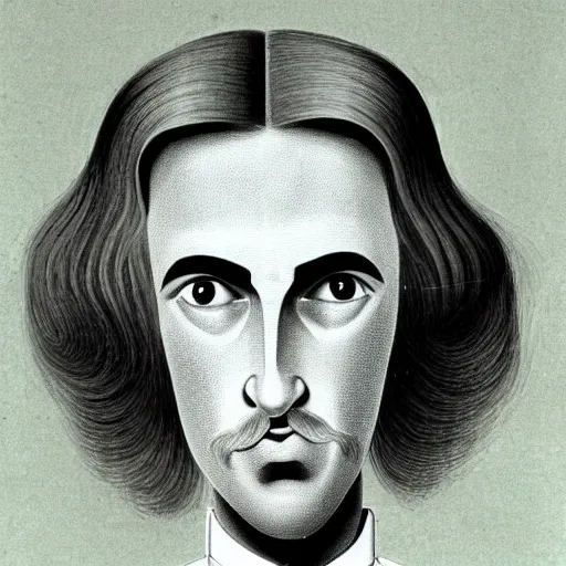 Image similar to young man, long hair!!!!, short facial hair, no mustache, dark green eyes, dark eyebrows, light widows peak light facial hair, in the style of mauritz cornelis escher, in - frame