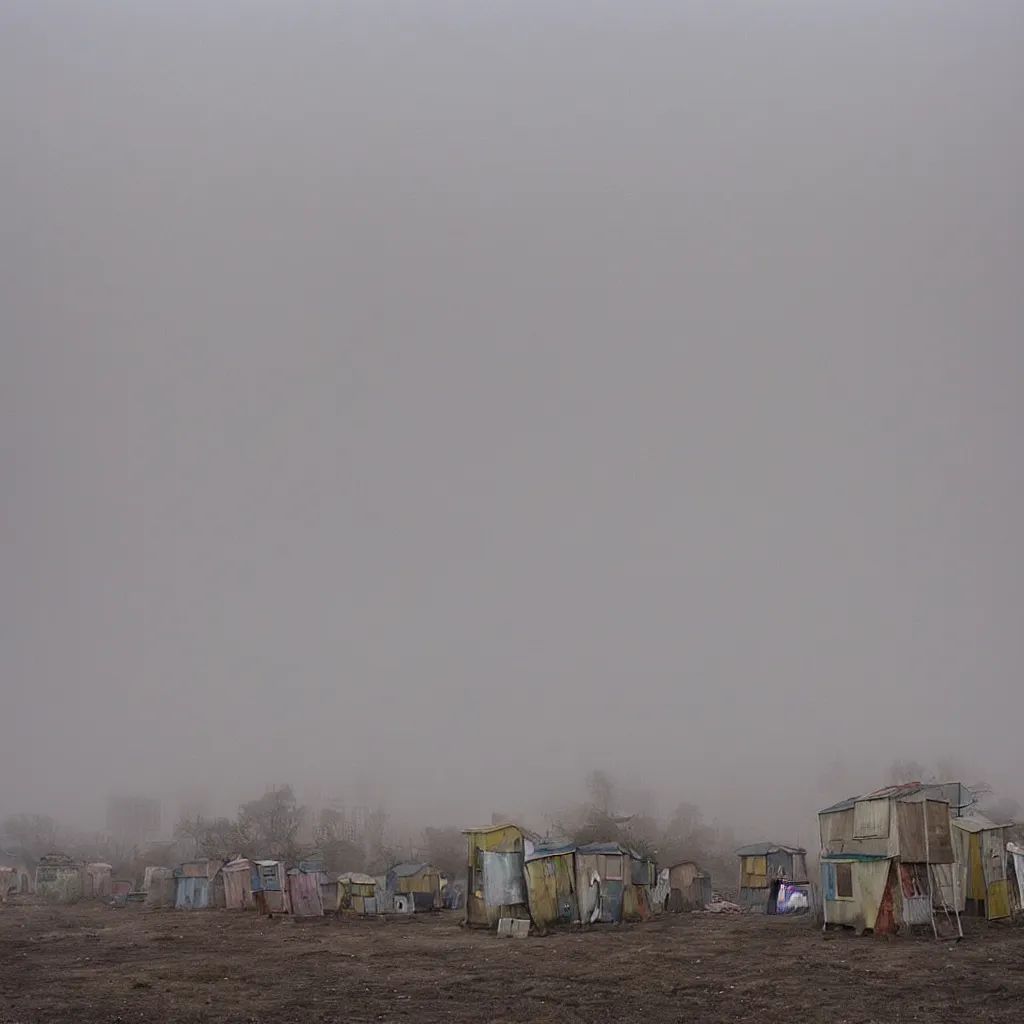 Prompt: two towers, made up of makeshift squatter shacks with pastel colours, uneven dense fog, dystopia, mamiya, f 1 1, fully frontal view, photographed by jeanette hagglund