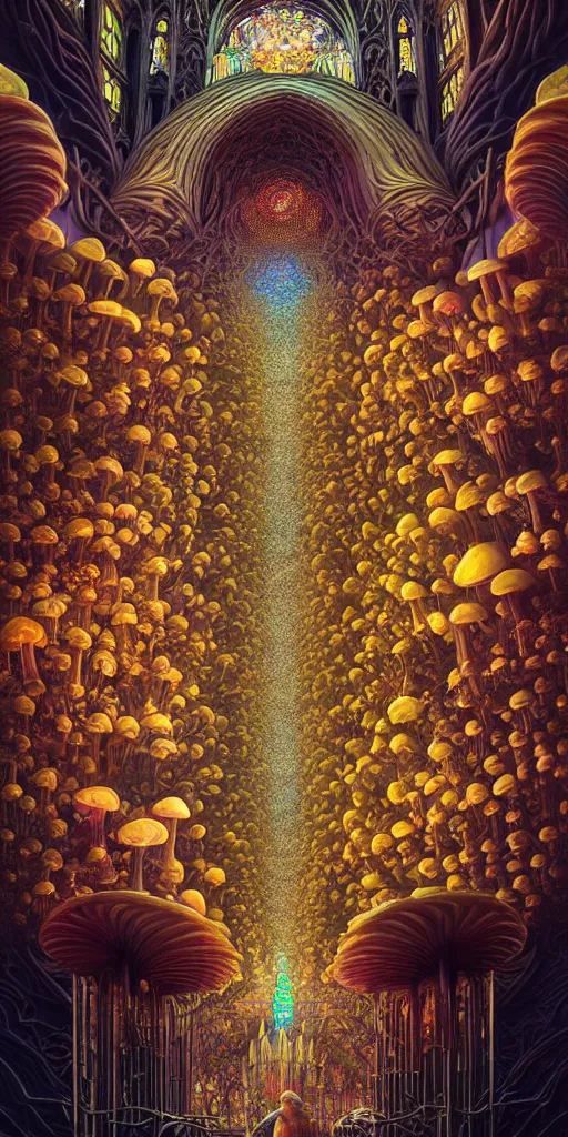 Image similar to Energetic gothic organ made of mushrooms portrait, Art Deco nature, fantasy, intricate art deco mushroom designs, elegant multidimensional cathedral of plants, glowing prismatic fractal chandeliers, highly detailed fractals, sharp focus, art by Artgerm and beeple and Greg Rutkowski and WLOP