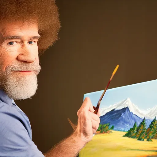 Prompt: a closeup photorealistic photograph of bob ross working on a canvas painting of deadpool. film still. brightly lit scene. mountains and trees. this 4 k hd image is trending on artstation, featured on behance, well - rendered, extra crisp, features intricate detail, epic composition and the style of unreal engine.