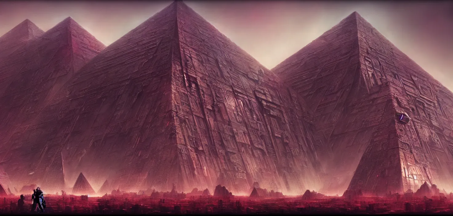 Prompt: cyberpunk egiptian pyramid overview, HR Giger, Wadim Kashin, in Zdzisław Beksiński color scheme, featured in artstation, octane render, cinematic, elegant, intricate, 8k