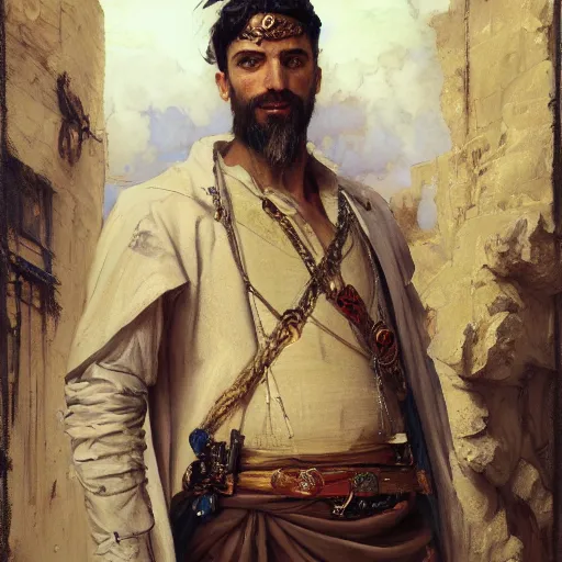 Image similar to highly detailed portrait of a handsome, wealthy kurdish merchant d & d. art by donato giancola, eugene delacroix, ruan jia, carl larsson, peter mohrbacher. trending on artstation, intricate details, energetic composition, fantasy, concept art, illustration, elegant art, global illuminaition