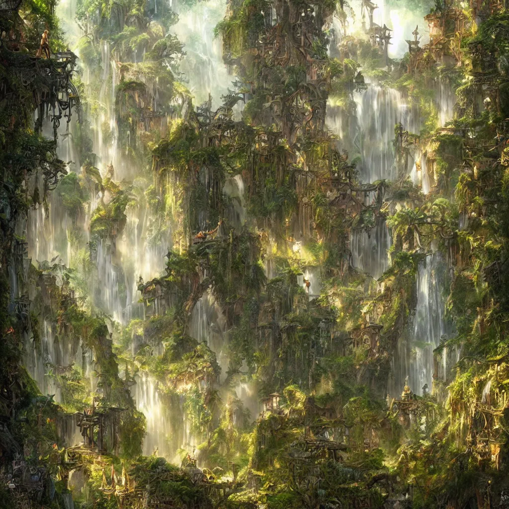 Image similar to fox in a fairy palace, castle towers, sunbeams, gothic towers, Japanese shrine waterfall, gold and gems, gnarly details, lush vegetation, forest landscape, painted by tom bagshaw, raphael lacoste, eddie mendoza, alex ross concept art matte painting