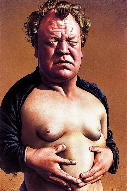 Image similar to dynamic upper body portrait of ray winstone as baron harkonnen in 1982 movie dune, by norman rockwell and boris vallejo