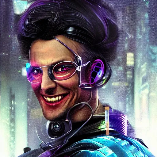 Image similar to cyberpunk, closeup portrait of a cyberpunk entertainer, hologram, blond hair, grey eyes, sadistic smile, delicate jaw, dramatic light, city background, sunset, dystopian setting, high contrast, sharp, neuromancer, peter riviera, painted by stanley lau, painted by greg rutkowski, painted by stanley artgerm, digital art, trending on artstation