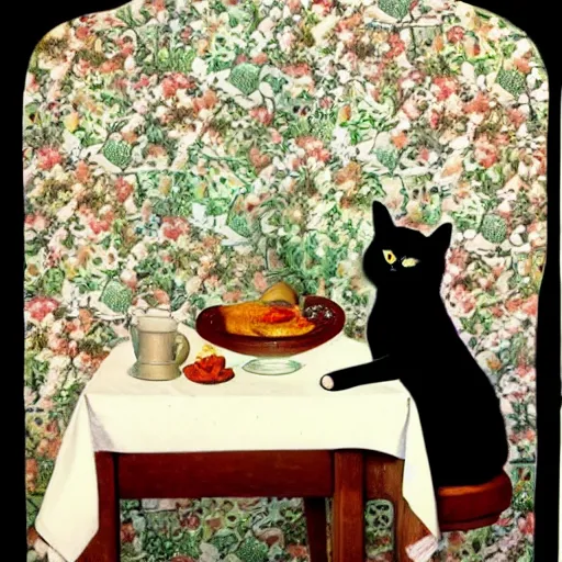 Prompt: a girl has breakfast with her cat at the table filled with food, flowery wallpaper, 1 8 8 0 s style, professional photography, color