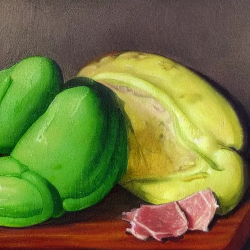 Image similar to a still life portrait of green eggs and ham, oil on canvas, highly detailed