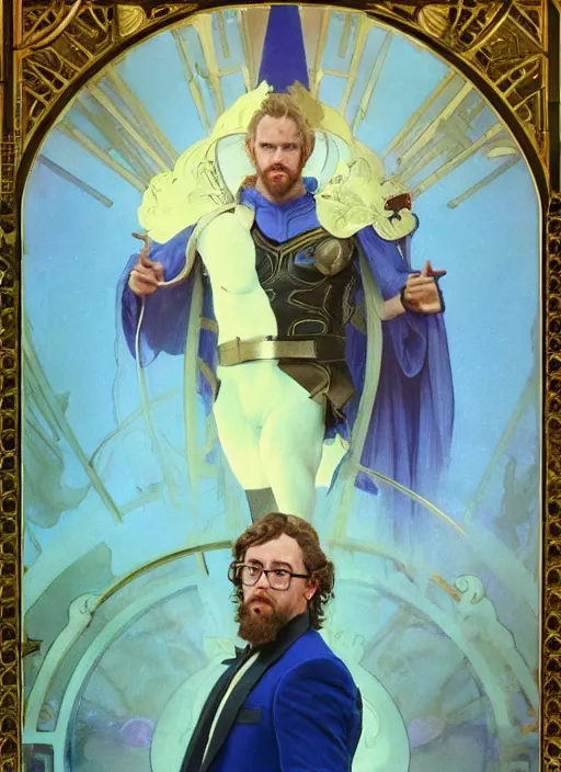 Image similar to Sam Hyde in a Celestial royal blue suit, luxurious theme, starring in Thor Ragnarok film, gold suit, sigma male, accurately portrayed, portrait art by alphonse mucha and greg rutkowski, highly detailed, digital painting, concept art, illustration, dim lighting with twilight rays of sunlight, trending on artstation, very detailed, smooth, sharp focus, octane render, close up