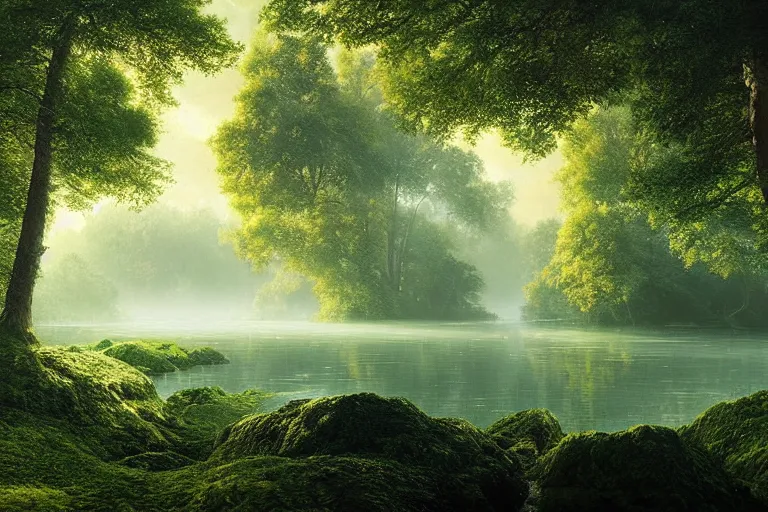 Image similar to a beautiful painting of a vast serene landscape with trees and rivers in the matrix, green matrix code, detailed, deep focus, movie still, dramatic lighting, ray tracing, by michal karcz and ryoji ikeda