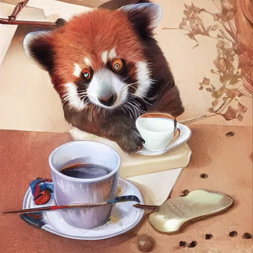 Prompt: anthropomorphic red panda drinking coffee in a cafe, highly detailed, digital painting, artstation, concept art, smooth, sharp focus, illustration, art by artgerm and greg rutkowski and alphonse mucha