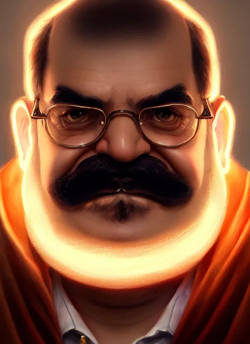 Image similar to realistic portrait of wario, intricate, elegant, glowing lights, highly detailed, digital painting, artstation, concept art, smooth, sharp focus, illustration, art by wlop, mars ravelo and greg rutkowski