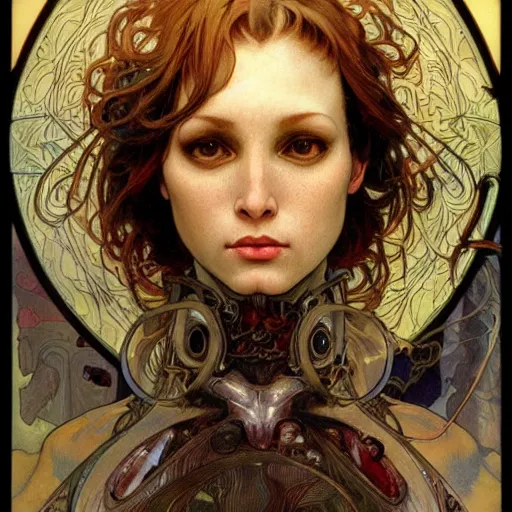 Prompt: realistic detailed face portrait of the lone alien survivor of the Roswell crash by Alphonse Mucha, Ayami Kojima, Amano, Charlie Bowater, Karol Bak, Greg Hildebrandt, Jean Delville, and Mark Brooks, Art Nouveau, Neo-Gothic, gothic, rich deep moody colors