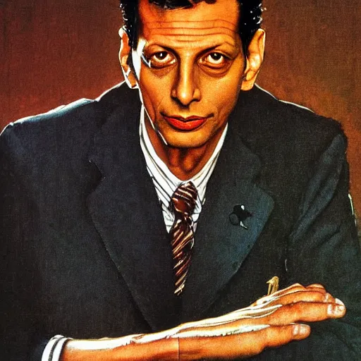 Prompt: norman rockwell painting of jeff goldblum, closeup face.