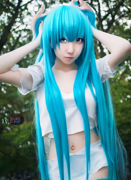 Image similar to Cute beautiful Asian cosplay girl with long blue hair and tempting eyes cosplaing Hatsune miku, full length shot, shining, 8k, HQ, sharp focus, IMAX quality, illustration, by Ilya kuvshinov