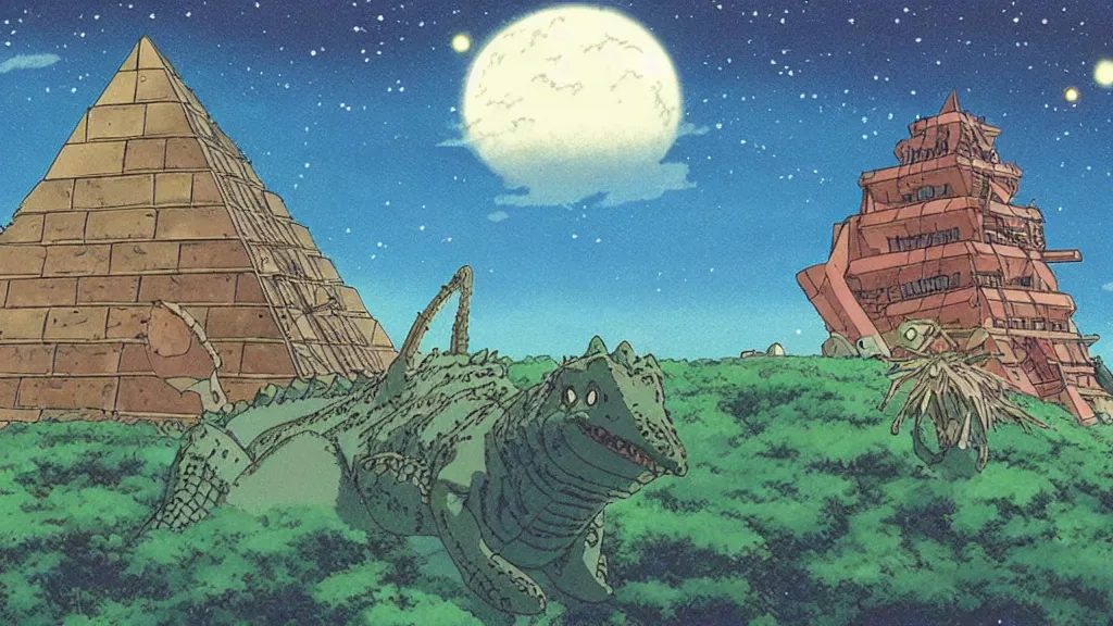 Image similar to a movie still from a studio ghibli film showing a lovecraftian crocodile from howl's moving castle ( 2 0 0 4 ). a pyramid is under construction in the background, in the rainforest on a misty and starry night. a ufo is in the sky. by studio ghibli