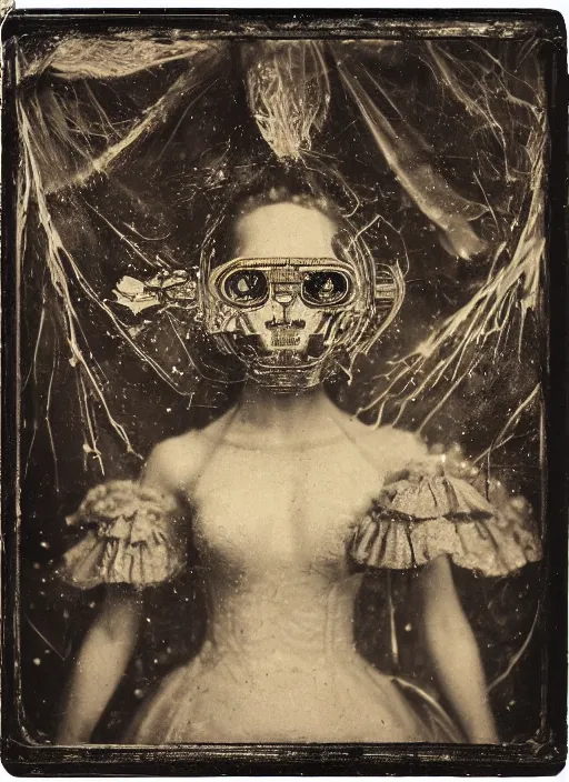 Image similar to old wetplate daguerreotype portrait of the birth of queen elisabeth cyborg, explosion of data fragments, fractal, intricate, elegant, highly detailed, parallax, leica, medium format, subsurface scattering, by jheronimus bosch and greg rutkowski and louis jacques mande daguerre