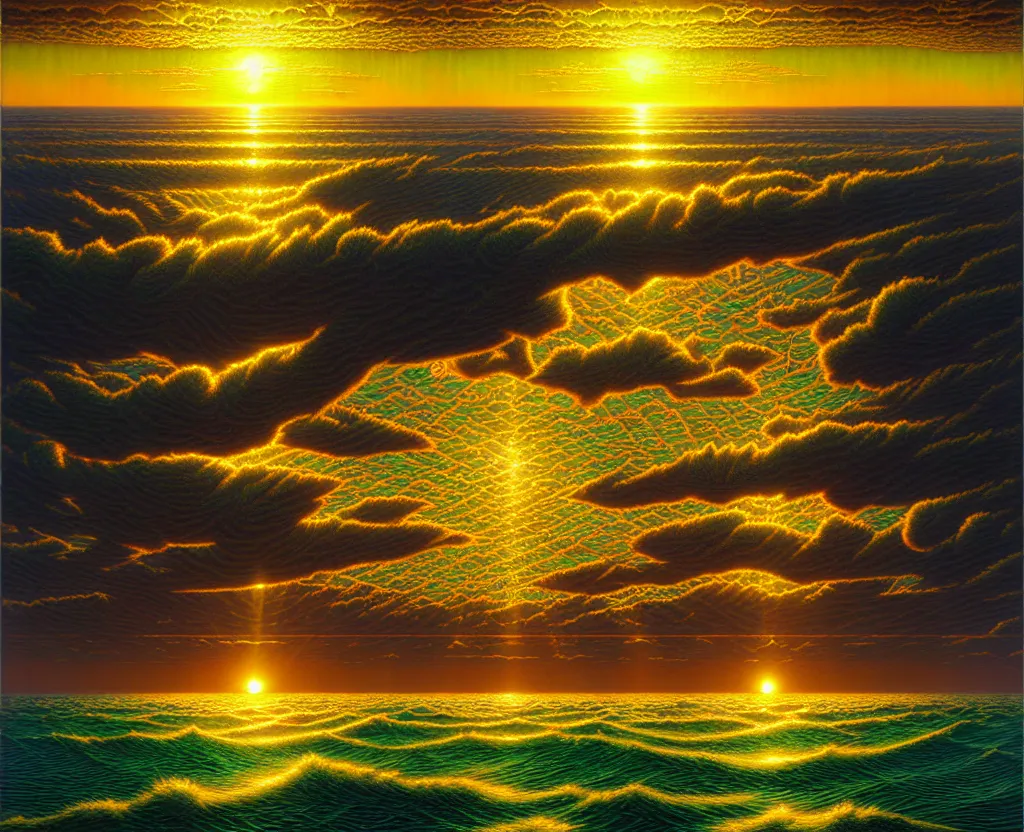 Prompt: the sun rising just above the horizon over the sea by dan mumford and vladimir kush and donato giancola and ted withers and peter driben and greg rutkowski and roberto ferri, green water, synthwave, retrowave, highly detailed, high contrast, intricate details, blended palette