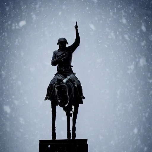 Prompt: A photo looking up at a black statue of a soldier riding a horse, lightly topped with snow, the statue is on a pedestal, the ground is full of snow, the background has numerous wintry trees, the sky is blue with sun poking through the clouds. Twilight. Photorealistic, 4k,