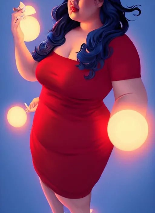 Image similar to full body portrait of teenage veronica lodge, obese, bangs, sultry, realistic, sultry smirk, wavy hair, red skirt, fat, belly, intricate, elegant, glowing lights, highly detailed, digital painting, artstation, concept art, smooth, sharp focus, illustration, art by wlop, mars ravelo and greg rutkowski