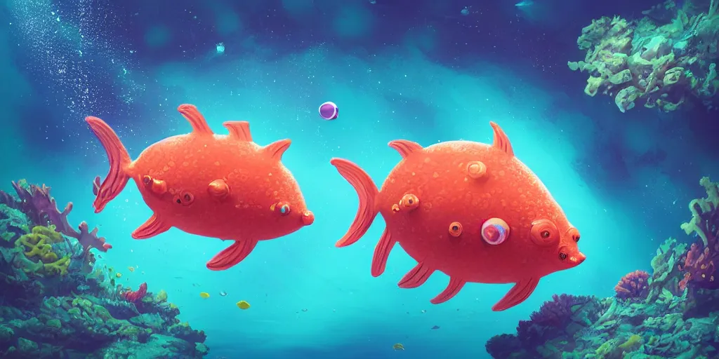 Image similar to photo of an extremely cute alien fish swimming an alien habitable underwater planet, coral reefs, dream-like atmosphere, water, plants, peaceful, serenity, calm ocean, tansparent water, reefs, fish, coral, inner peace, awareness, silence, nature, evolution, wide angle, super highly detailed, professional digital painting, artstation, concept art, smooth, sharp focus, no blur, no dof, extreme illustration, Unreal Engine 5, Photorealism, HD quality, 8k resolution, cinema 4d, 3D, beautiful, cinematic, art by artgerm and greg rutkowski and alphonse mucha and loish and WLOP