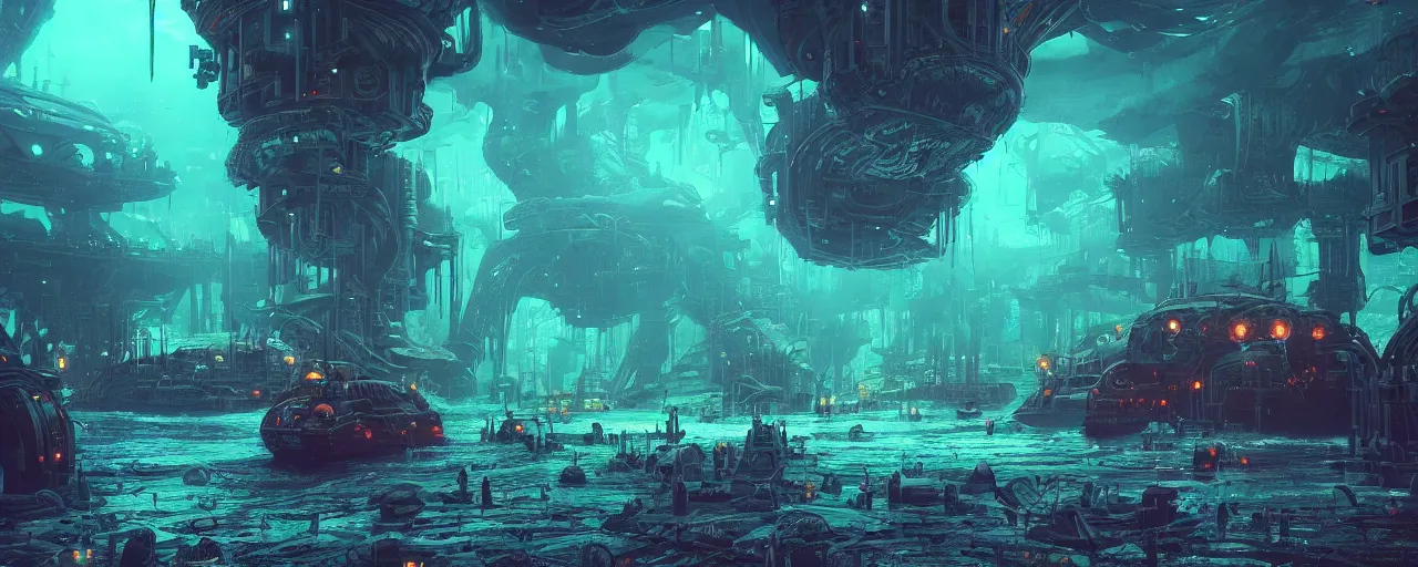 Image similar to ” dark underwater otherwordly terminal lit by bioluminescense, [ deepsea, cinematic, detailed, epic, widescreen, opening, establishing, mattepainting, photorealistic, realistic textures, octane render, art by slop and paul lehr ] ”