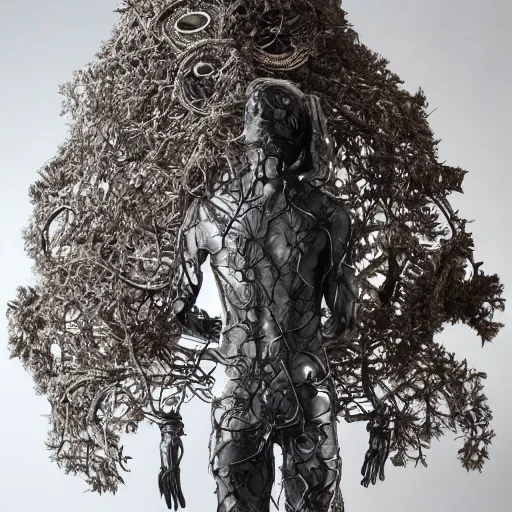 Image similar to a human man statue stuck in a cosmic tree, a sense of awe, amazement, monogon, plasma display, wooden, silver, mercury, damascus, armature wire, multiscopy, morph, in a symbolic and meaningful style, insanely detailed and intricate, hypermaximalist, elegant, ornate, hyper realistic, super detailed,