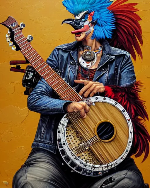 Image similar to a portrait of an anthropomorphic cyberpunk rooster strumming a banjo by sandra chevrier, by jon foster, detailed render, tape deck, epic composition, cybernetics, 4 k realistic, cryengine, realistic shaded lighting, sharp focus, masterpiece, by enki bilal