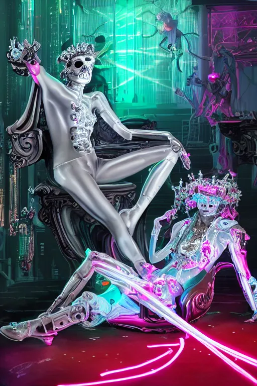 Image similar to full-body rococo and cyberpunk style neon statue of a muscular attractive Roberto macho dotado e rico android sim roupa reclining con las piernas abertas e la piroca dura liete, glowing white laser eyes, prince crown of mint gears, diamonds, swirling silver-colored silk fabric. futuristic elements. full-length view. space robots. human skulls. intricate artwork by caravaggio. Trending on artstation, octane render, cinematic lighting from the right, hyper realism, octane render, 8k, depth of field, 3D