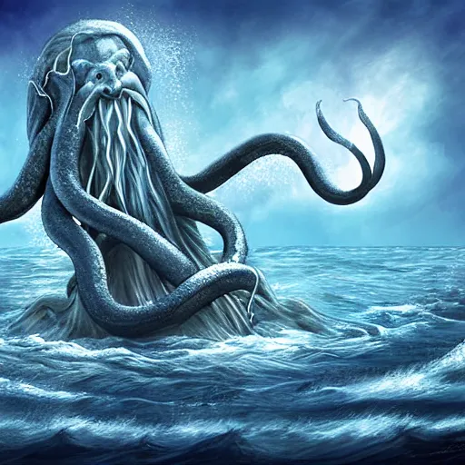 Prompt: a powerful wizard casting spells at a kraken in the ocean, digital artwork