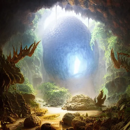 Image similar to A large acid dragon egg inside a tropical cave, fantasy art by albert bierstadt and James Gurney, highly detailed, digital painting, matte painting, concept art, illustration, oppressive lighting, trending on artstation, very detailed