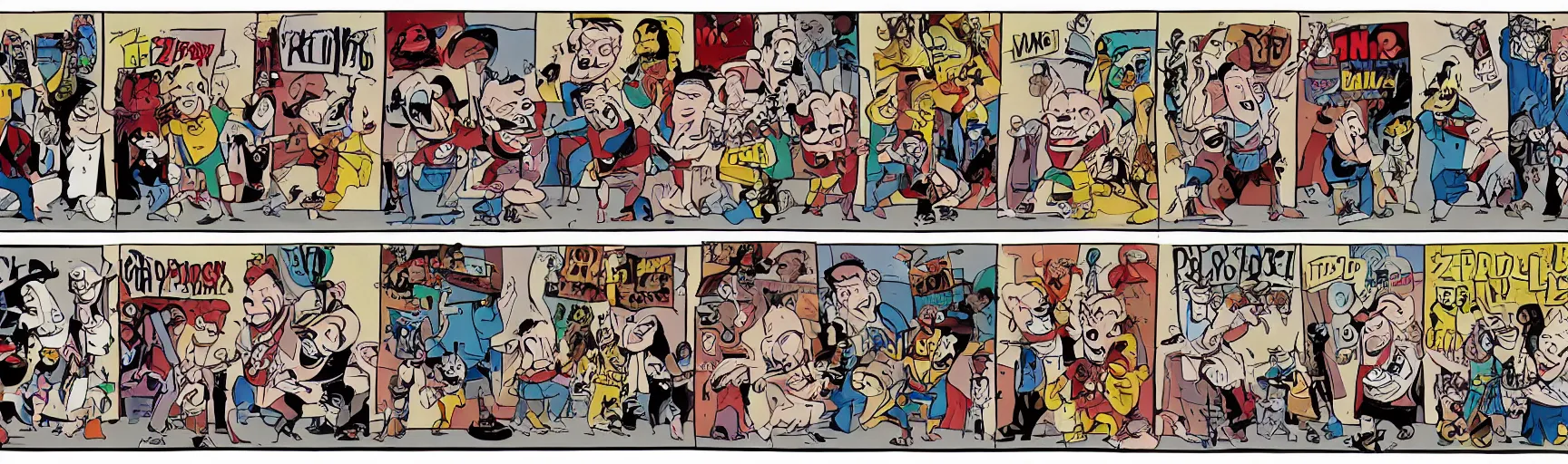 Prompt: film strip of a zany cartoon starring roddy piper