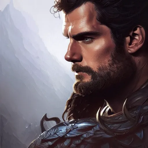 Image similar to Henry Cavill is a rugged ranger, D&D, muscular, fantasy, intricate, elegant, highly detailed, digital painting, artstation, concept art, smooth, sharp focus, illustration, art by artgerm and greg rutkowski and alphonse mucha