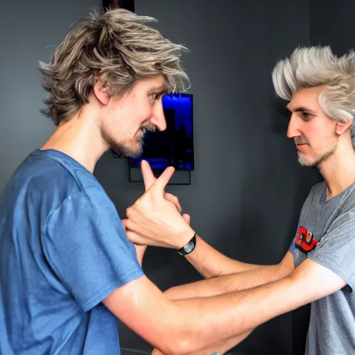 Prompt: portrait of forsen and xqc grabbing hands