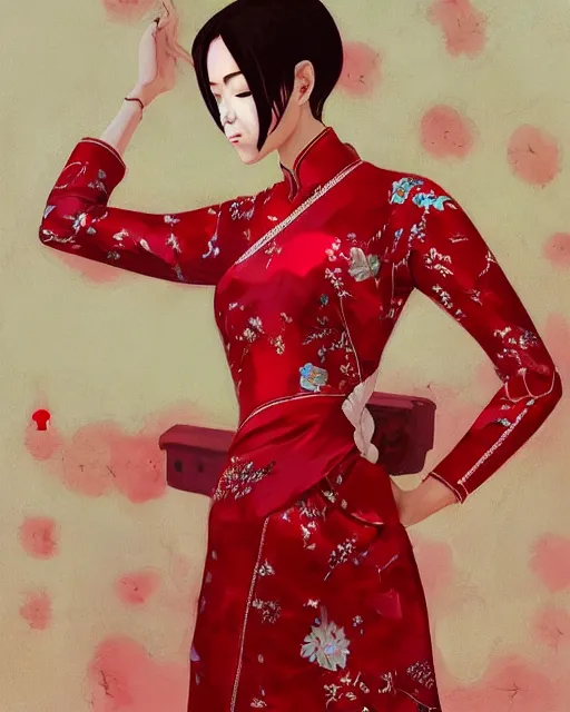 Image similar to a ultradetailed beautiful panting of a asian robotic female wearing traditional red ao dai, by ilya kuvshinov, greg rutkowski and makoto shinkai, trending on artstation