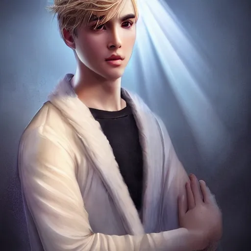 Prompt: a portrait of a young handsome prince with white fringy hair, elegant, beautiful, backlit, incredible lighting, strong rim light, highly detailed, god rays, digital painting, HDRI, by Heise Jinyao, Heise-Lian Yan Fang, Feimo, Richard Taddei, vivid colors, high contrast, 8k resolution, intricate, photorealistic