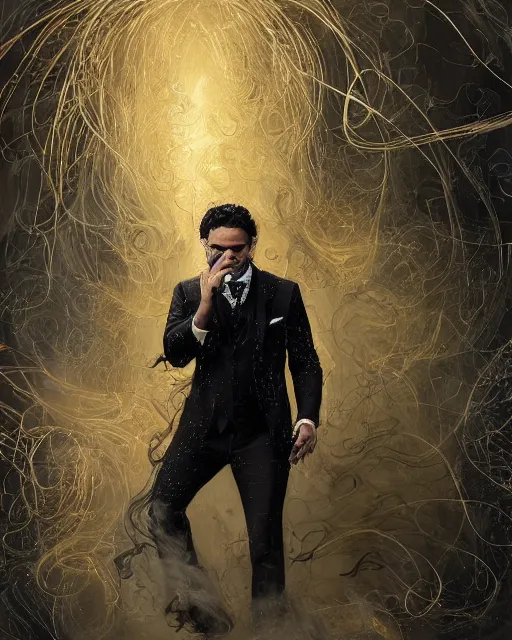 Image similar to a highly detailed portrait of carlos valdes radiating a powerful energy aura, ornate black tuxedo, clean - shaven!!!!!!!!!!!!!!, wispy tendrils of smoke, intricate, digital painting, old english, raining, sepia, particles floating, whimsical background by marc simonetti, artwork by liam wong