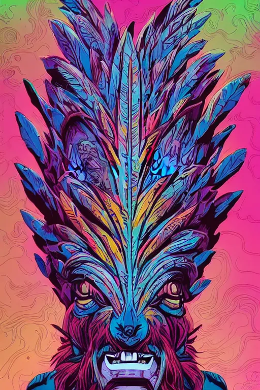 Image similar to totem animal mask tribal feather gemstone plant wood rock shaman vodoo video game vector illustration vivid multicolor borderlands comics by josan gonzales and dan mumford radiating a glowing aura