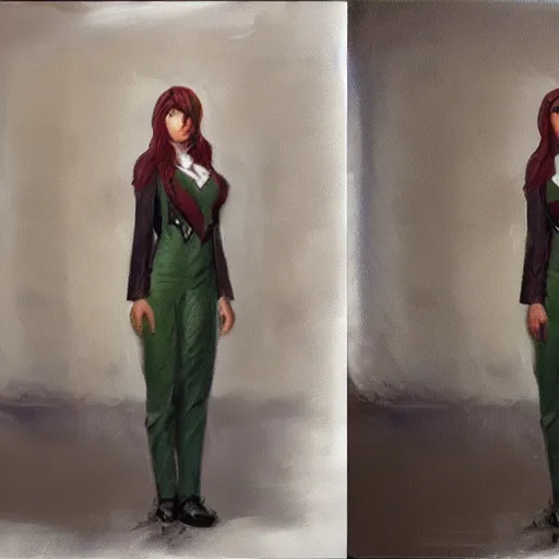 Image similar to oil painting of jinx arcane, standing in abandoned building, wearing formal uniform, in style of charlie bowater, detailed face,