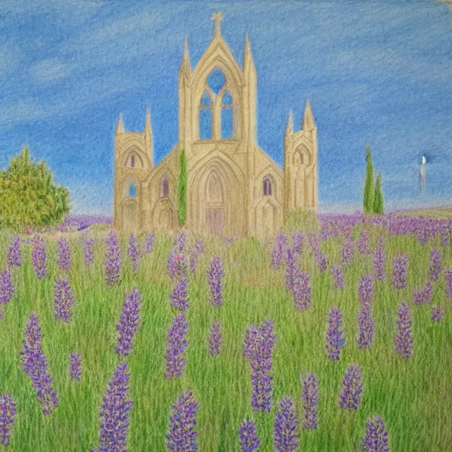 Image similar to abandoned gothic church near a lavander field mediterranean landscape, colored pencil drawing