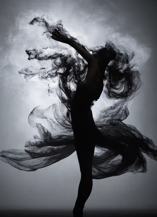 Image similar to a Photorealistic dramatic hyperrealistic render of a beautiful Female smoke dancer by Ken Brower and Deborah Ory of NYC Dance project,Lois Greenfield,Flowing cloth and smoke,Beautiful dynamic dramatic dark moody lighting,volumetric,shadows,cinematic atmosphere,Octane render,8K