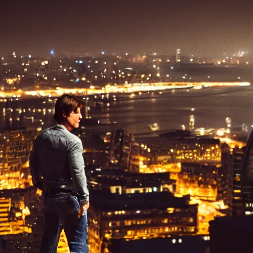 Image similar to a still of Tom Cruise. Shallow depth of field. City at night in background, lights, colors ,studio lighting, mood, 4K. Profession photography