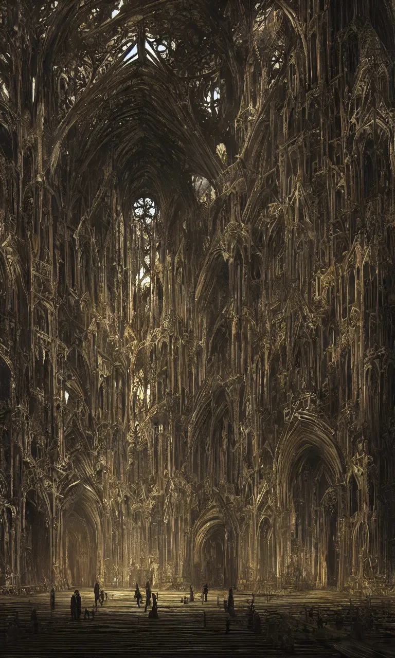 Prompt: massively tall gothic cathedral interior in giger alien style, skull shaped stained glass windows, grunge syle fog, with a rusty gold tentacle monster crawling out of a pool of dark goo, by Tsutomu Nihei and Emil Melmoth and Zdzislaw Beksinski and Craig Mullins